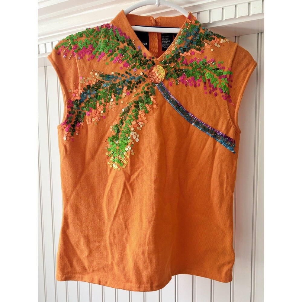 VTG Michael Simon 00s Palm Tree Beaded Knit Sweater Tank Orange Sequin Women’s M
